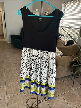 Olian Black, White, Blue & Yellow Patterned Sleeveless Dress